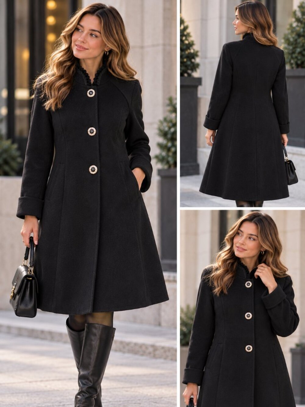 Jofei 100% Cotton Black Coat Size M – Elegant Button Detail